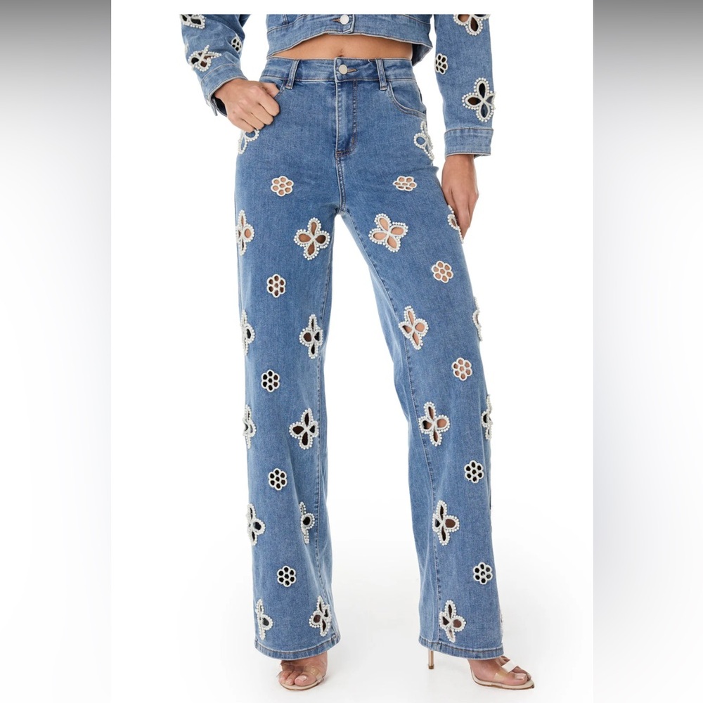 Noli Blue Floral Embroidered Wide Leg Jeans